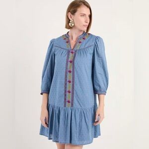 London Times Blue Embroidered Boho Dress